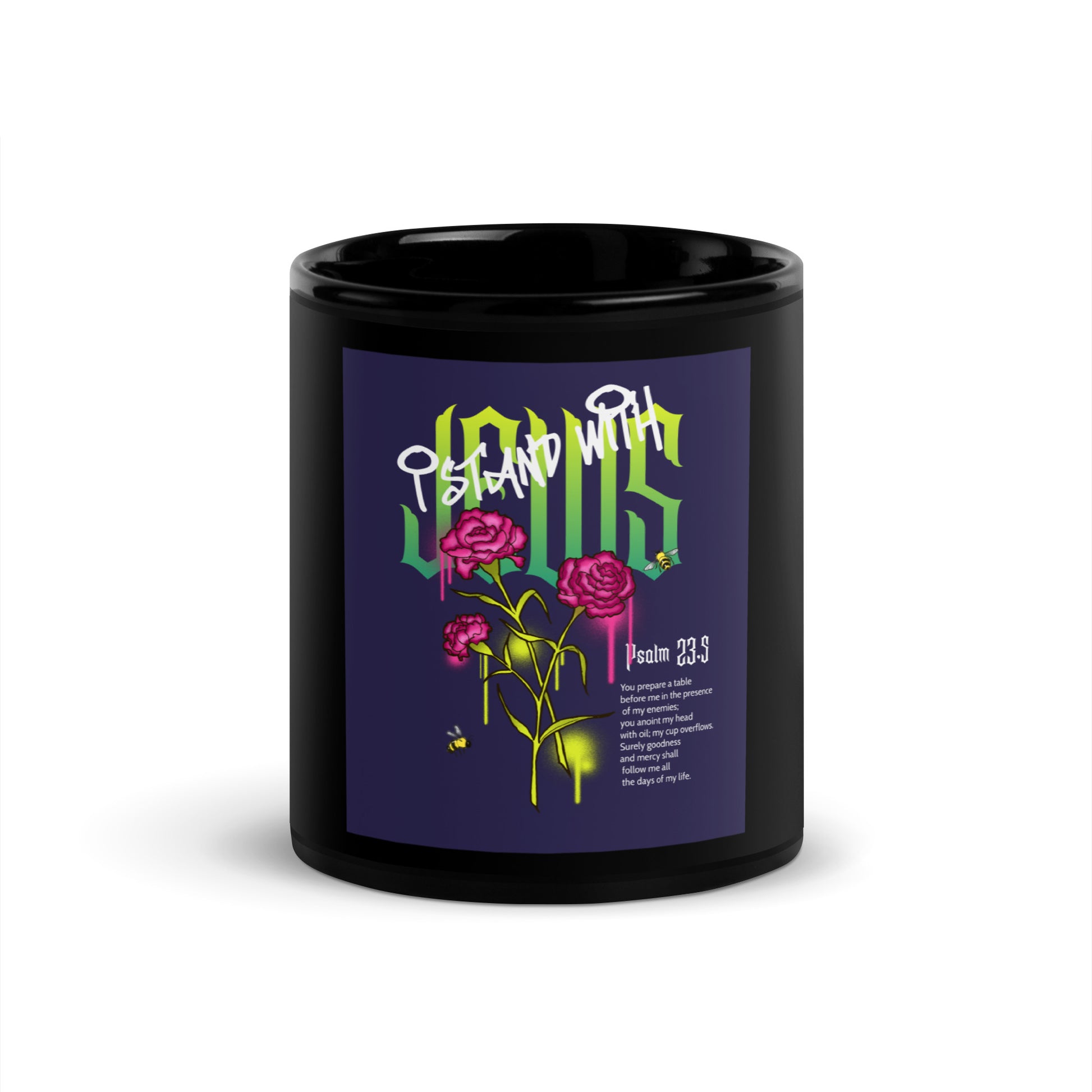 I Stand With Jews | Flower Christian Bible Verse | Black Glossy Mug