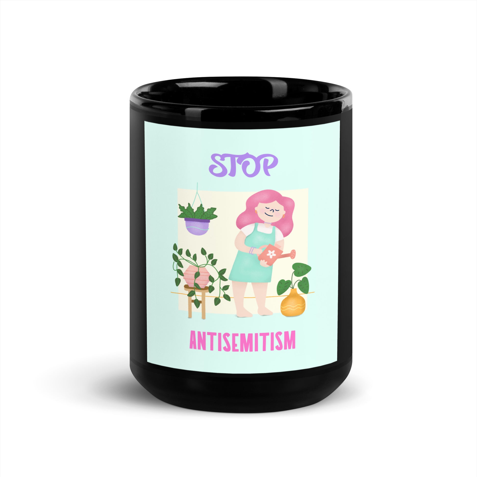 Stop Antisemitism | Plants & Flowers Edition | Black Glossy Mug