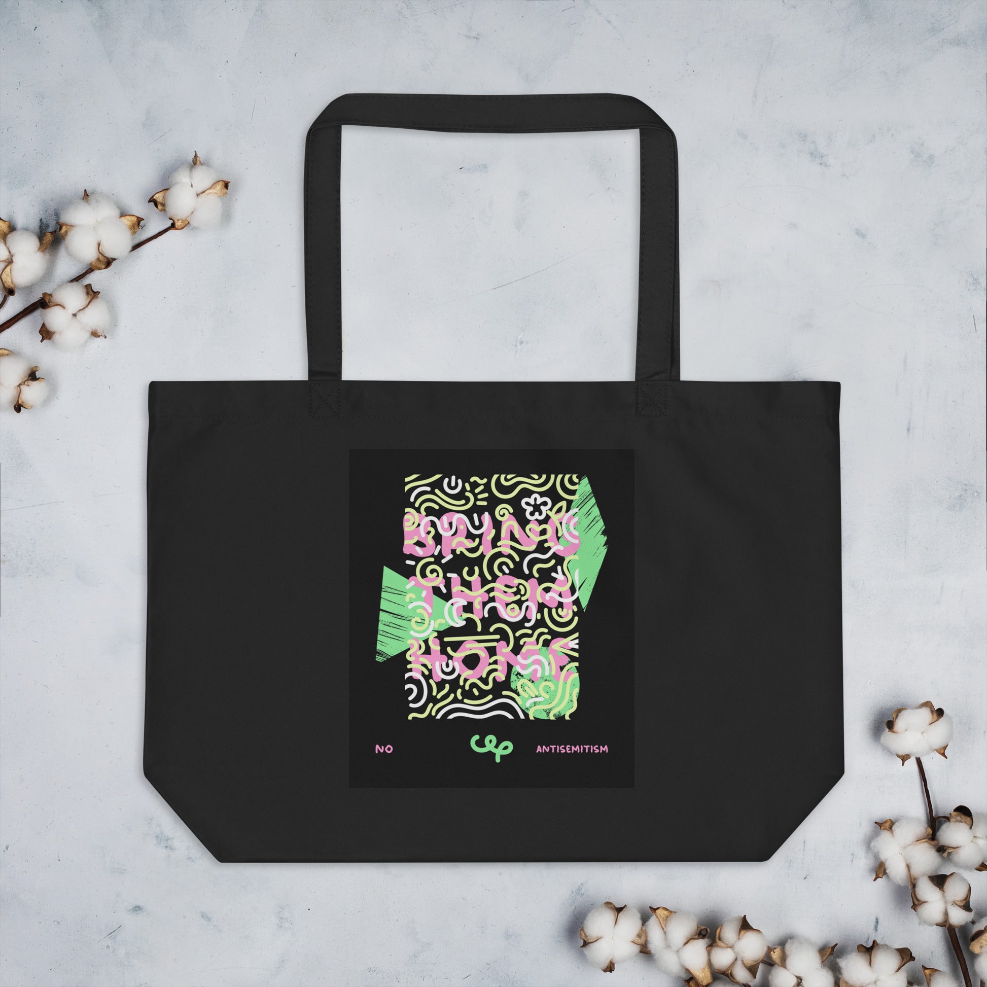 Bring Them Home | Pink-Green Doodle | Large Organic Tote Bag Jouparty