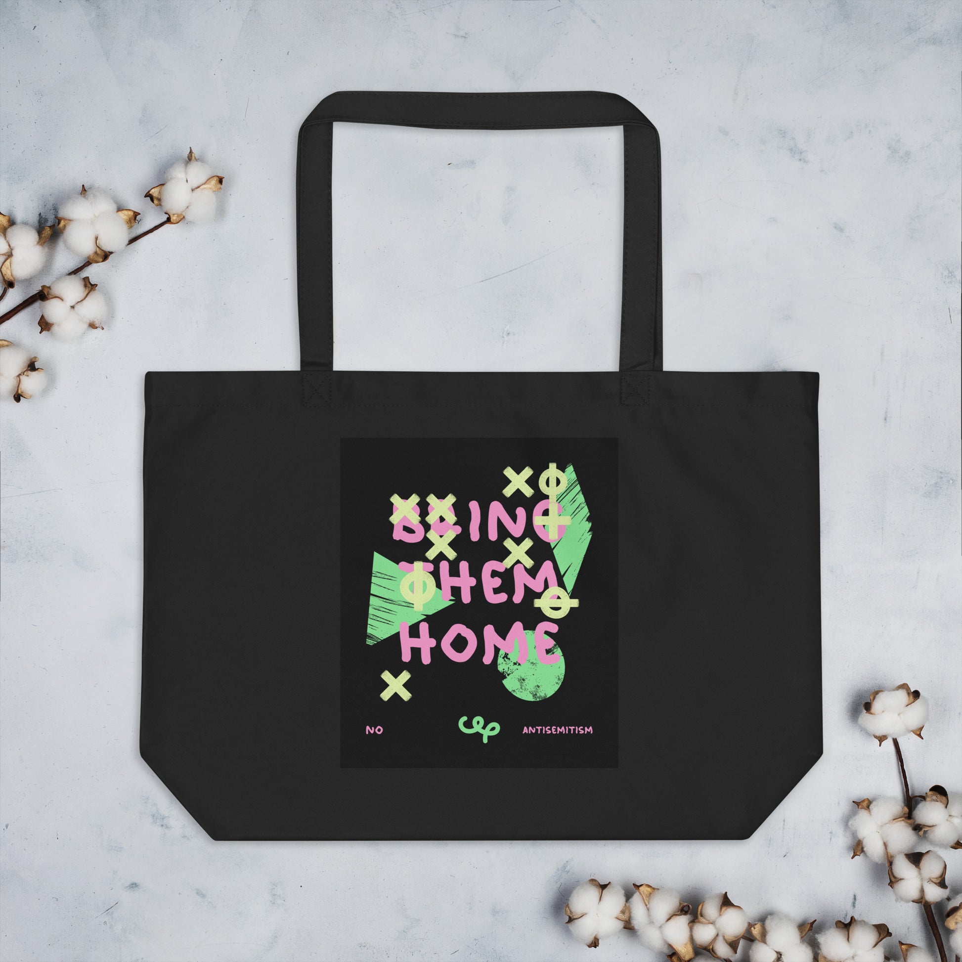 Bring Them Home | Pink-Green Doodle | Large Organic Tote Bag Jouparty