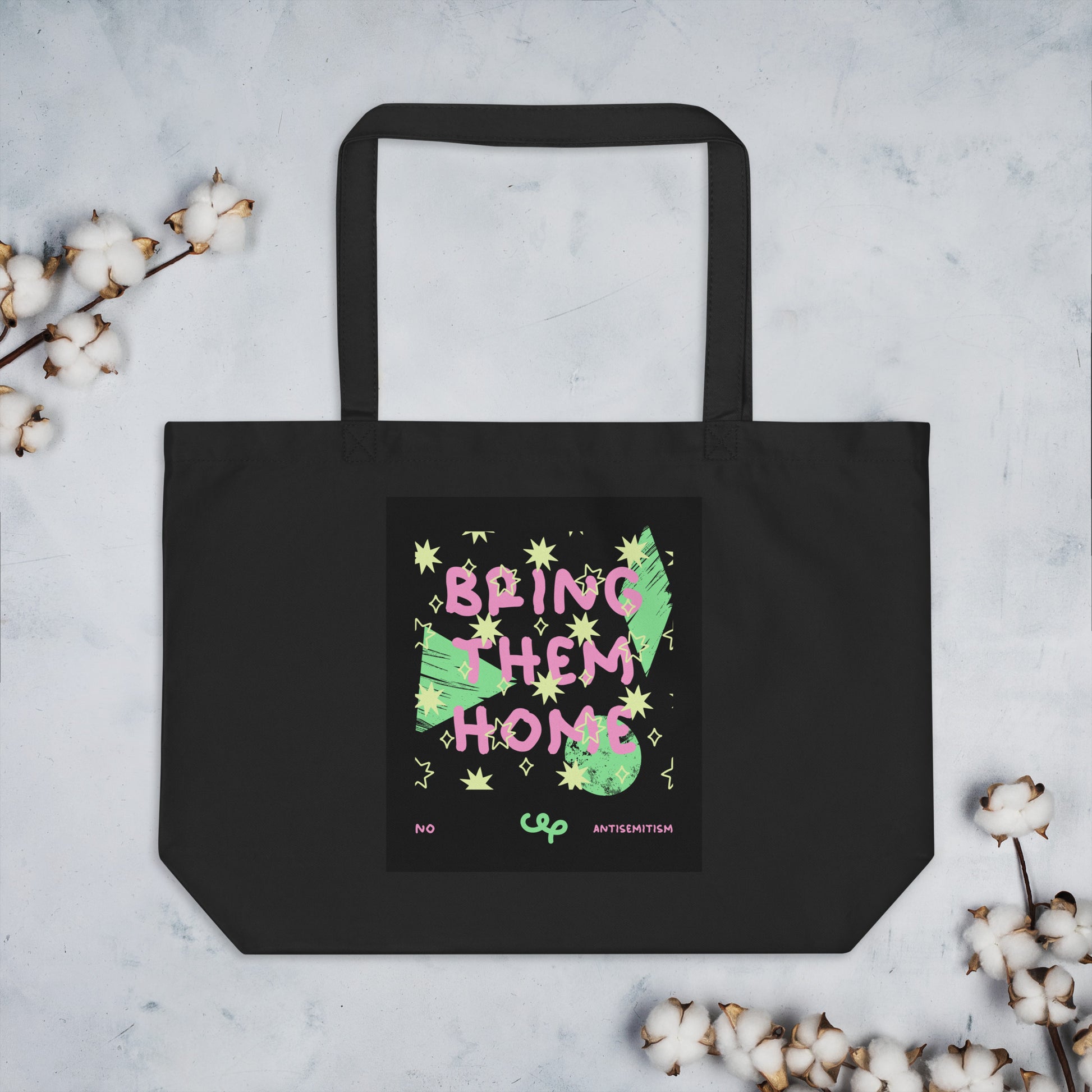 Bring Them Home | Pink-Green Doodle | Large Organic Tote Bag