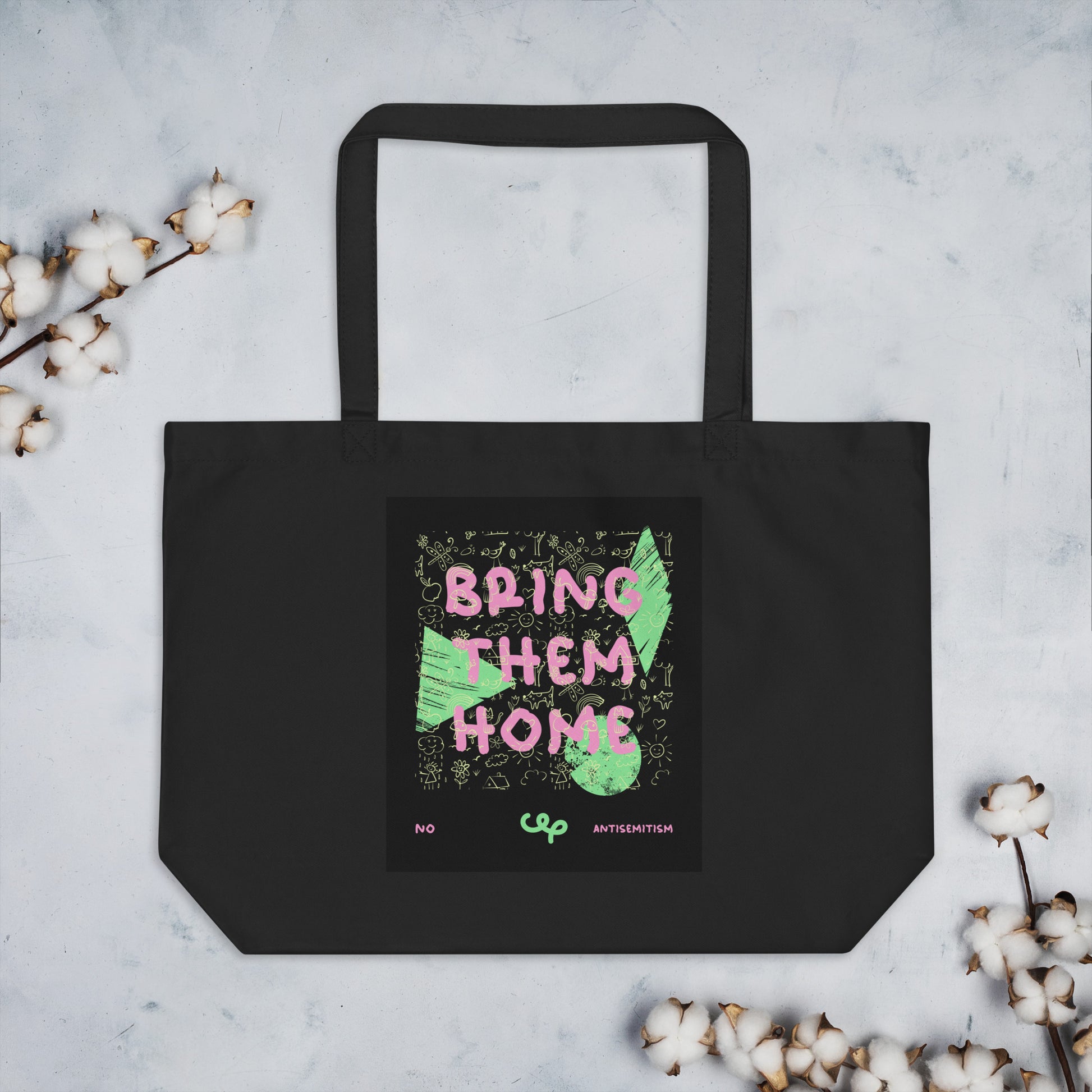 Bring Them Home | Pink-Green Doodle | Large Organic Tote Bag Jouparty