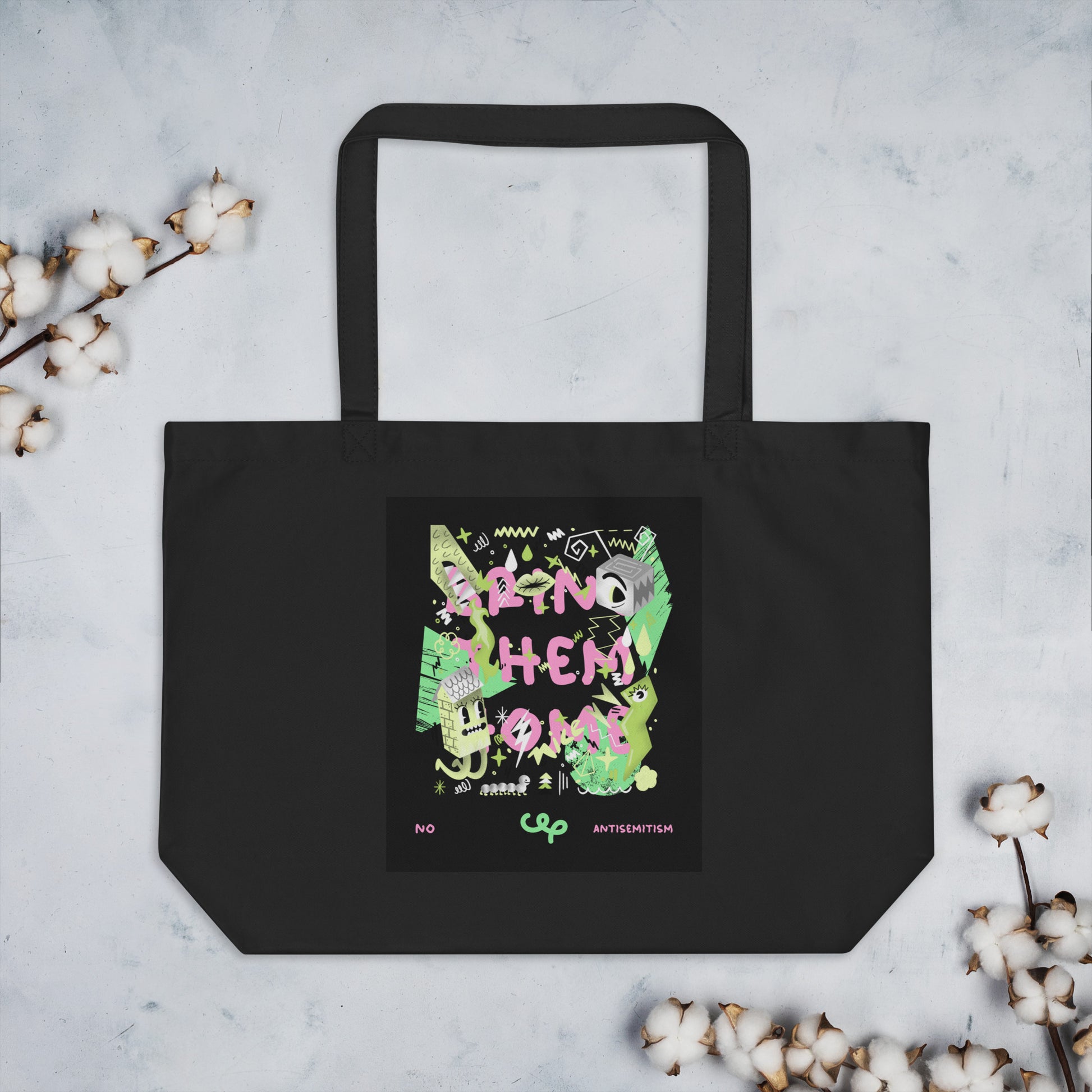 Bring Them Home | Pink-Green Doodle | Large Organic Tote Bag