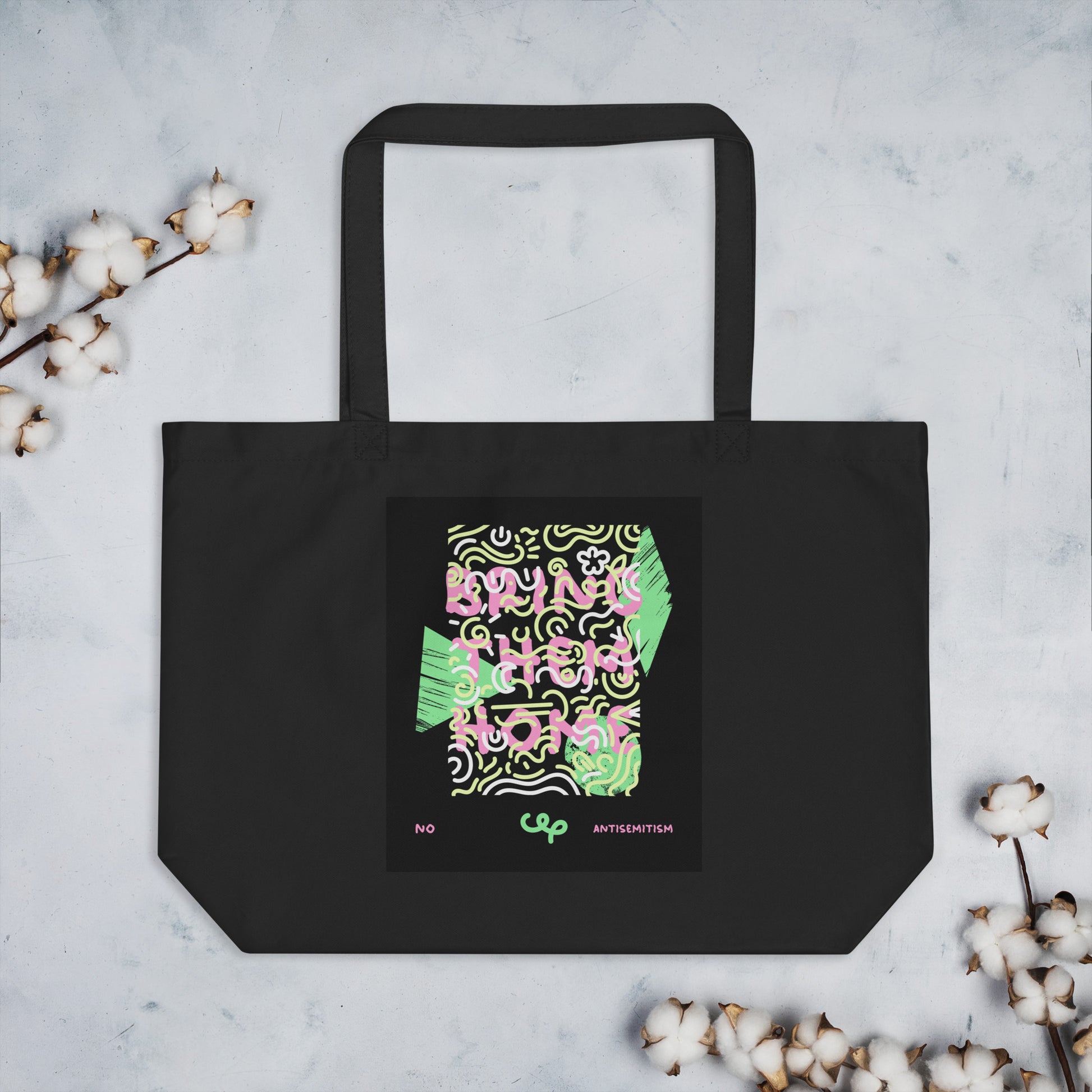 Bring Them Home | Pink-Green Doodle | Large Organic Tote Bag Jouparty