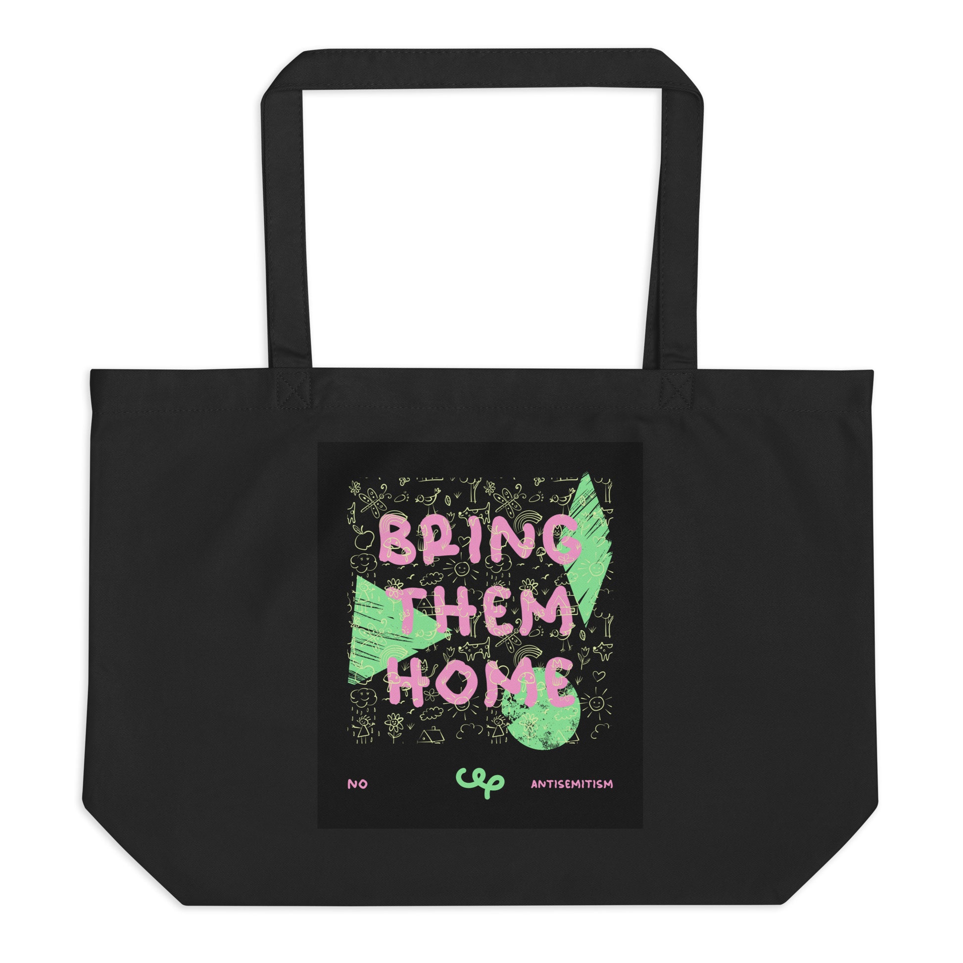 Bring Them Home | Pink-Green Doodle | Large Organic Tote Bag Jouparty