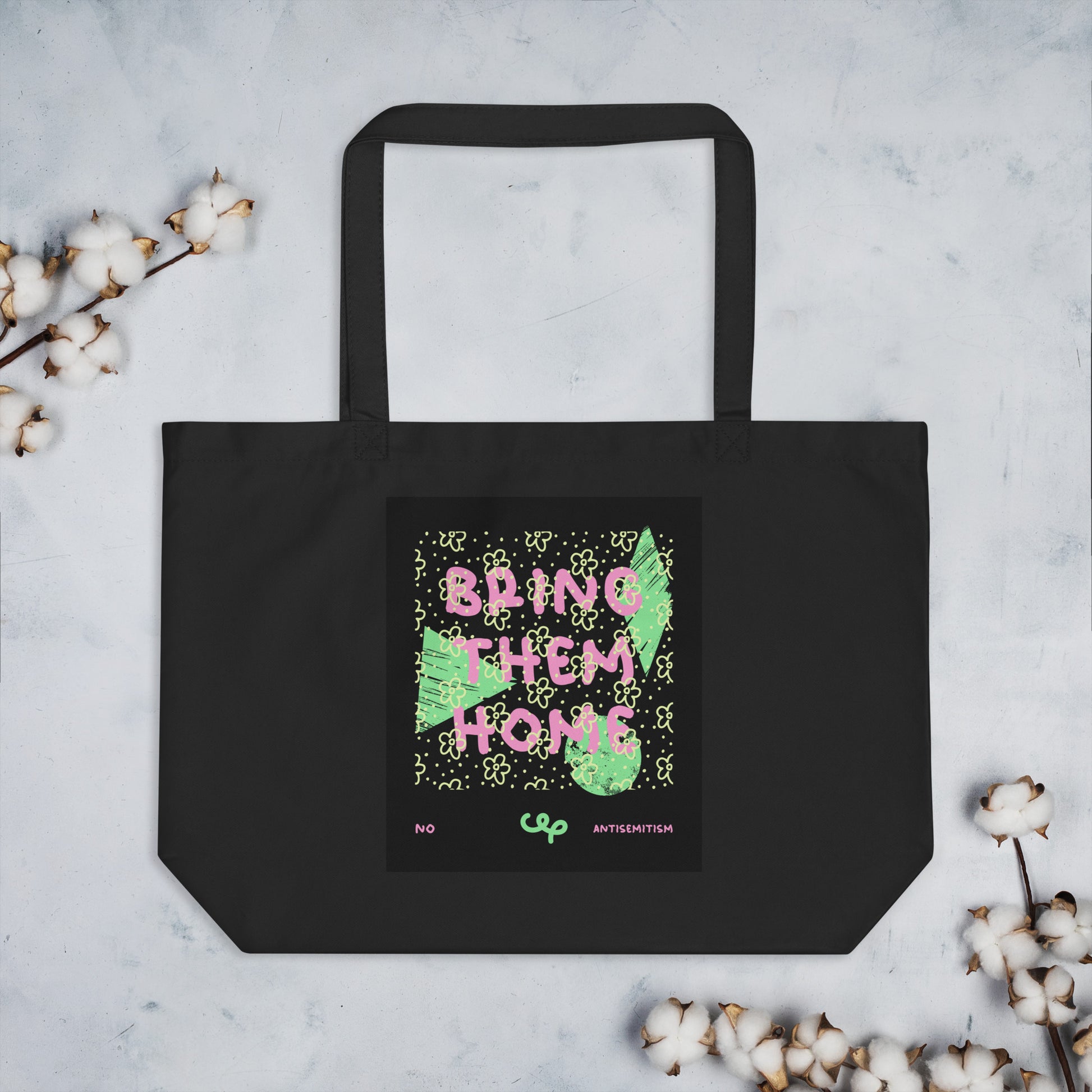 Bring Them Home | Pink-Green Doodle | Large Organic Tote Bag Jouparty